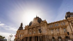 Historical Building, Ayuntamiento De Cartagena, in downtown city of Cartagena, Spain. Sunny Morning Blue Sky.