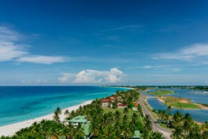 The most beautiful species in the Atlantic Ocean and beach with umbrellas in the resort of Varadero, Cuba