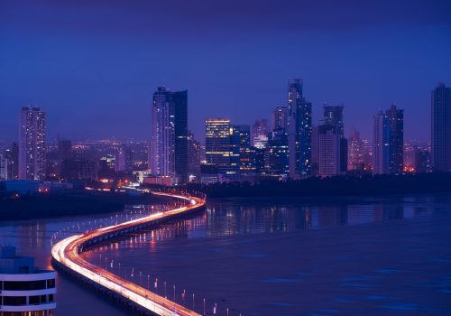 Panama City, Central America, view of Costa Del Este and Corredor Highway at night, with traffic jam of cars and vehicles