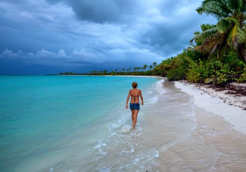 Back view teenage girl walking on a tropical beach with palm trees and ocean
